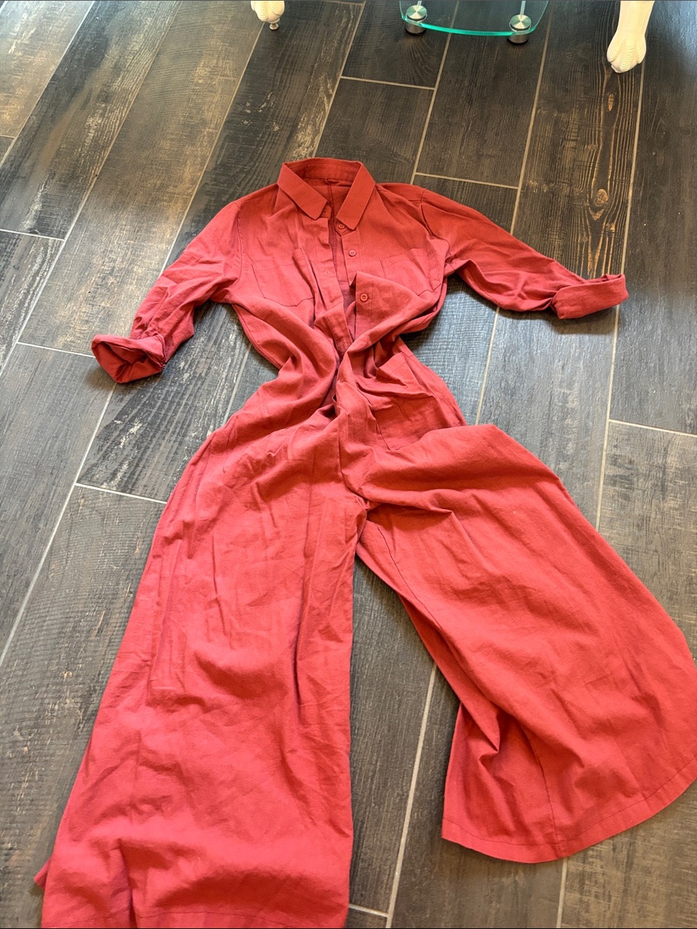 Wide-Leg Button-Up Jumpsuit in Deep Red